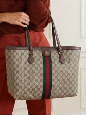 Gucci Ophidia Canvas Tote Bag with Brown Leather Trim and Green-Red Web Stripe
